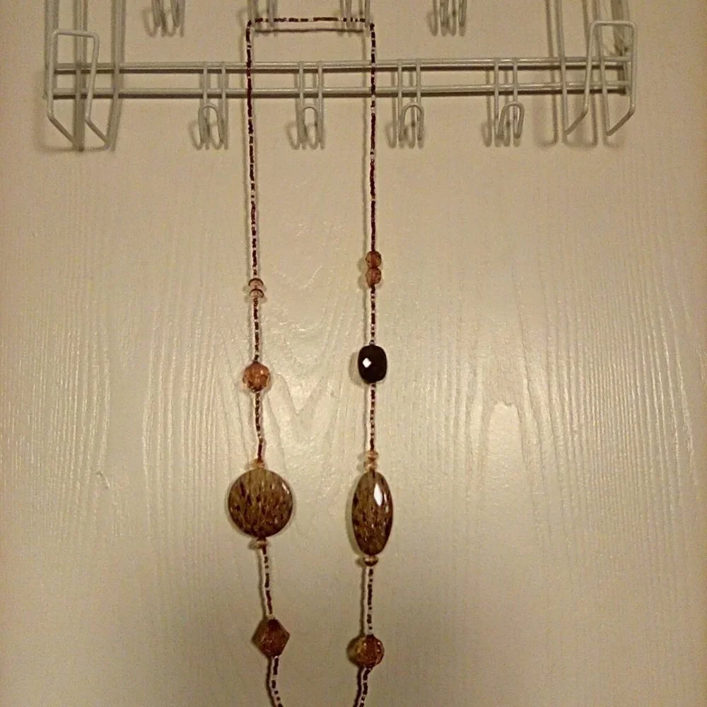 Beautiful Unique Long Beaded Necklace Neutral Colors 39